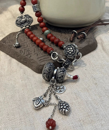 Colorblock Sterling Silver Gourd Ball Ruyi Lock Pendant Necklace