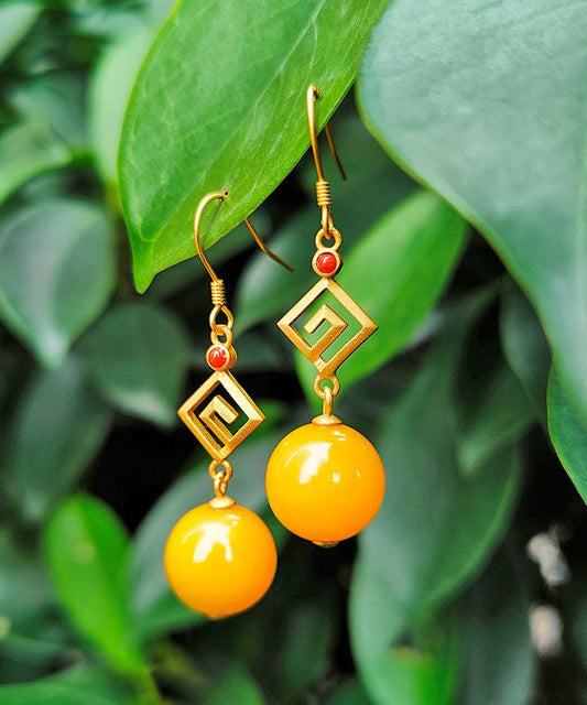 Yellow Sterling Silver Overgild Beeswax Agate Drop Earrings