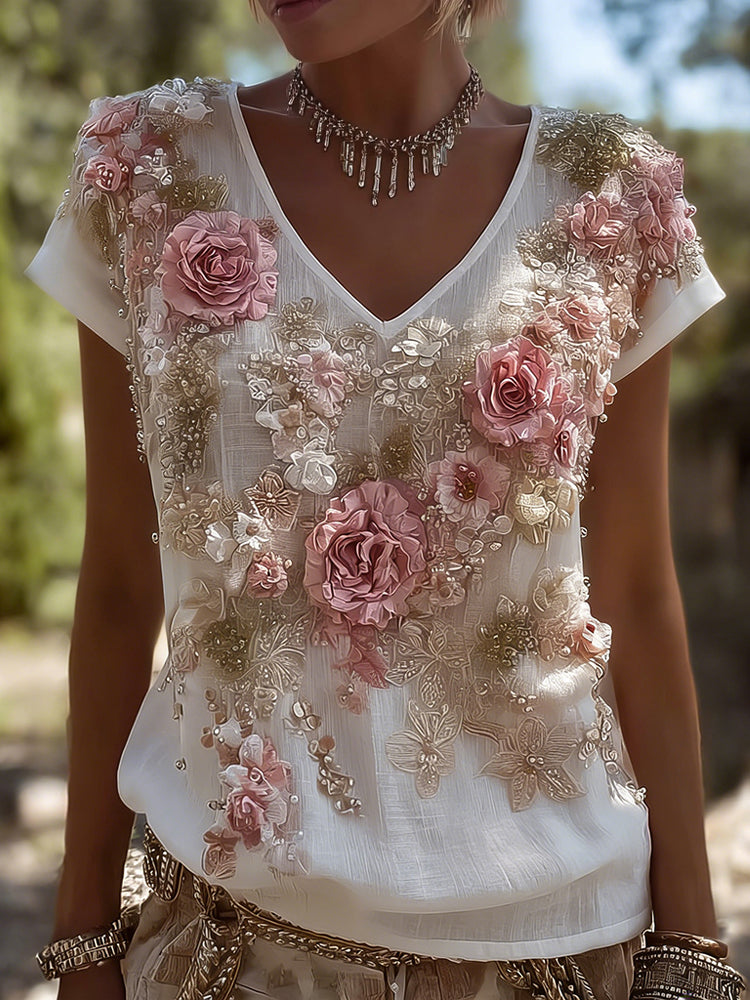 Vintage Boho Roses Embroidered Lace Comfy Linen T Shirt elevenforest