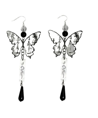 Retro Ink and Wash Butterfly Tassel Water Drop Drop Earrings