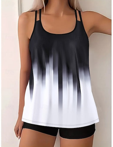 Tankini 2 Piece Swimsuit High Waist Tummy Control High Waist Slim Backless Vacation Beach Wear Ombre Geometric U Neck Sleeveless Bathing Suits
