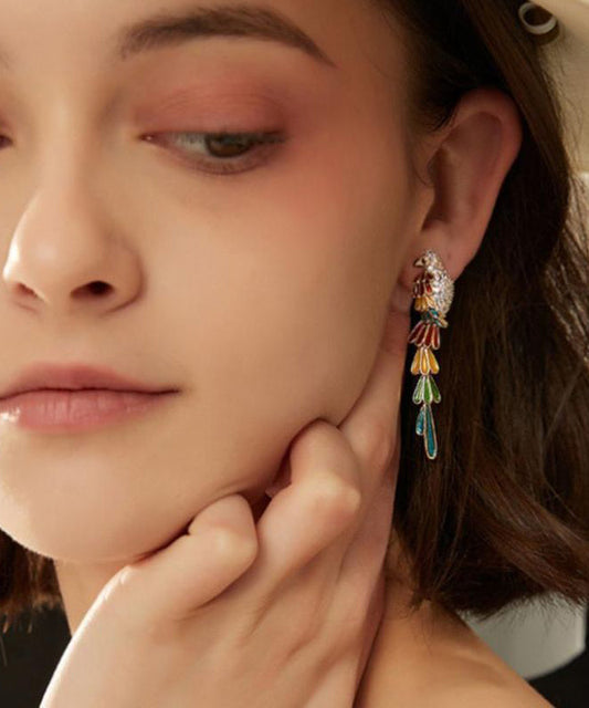 Rainbow Copper Overgild Zircon Parrot Tassel Drop Earrings