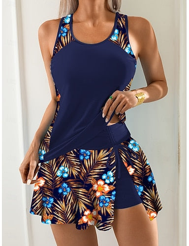 Swimwear Tankini 2 Piece Skirt Swimsuit Drawstring Tummy Control High Waist Slim Backless Vacation Beach Wear Leopard U Neck Sleeveless Bathing Suits