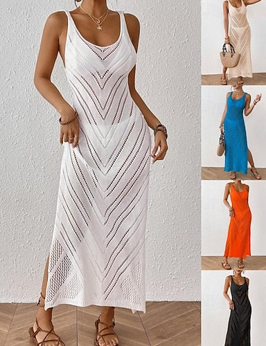 Swimwear Cover Up Swim Dress Swimsuit Cut Out Vacation Beach Wear Color Scoop Neck Sleeveless Bathing Suits