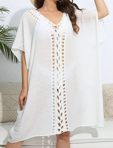 Swimwear Cover Up Swim Dress Rash Guard Swimsuit Cut Out Vacation Beach Wear Color V Neck Short Sleeves Bathing Suits