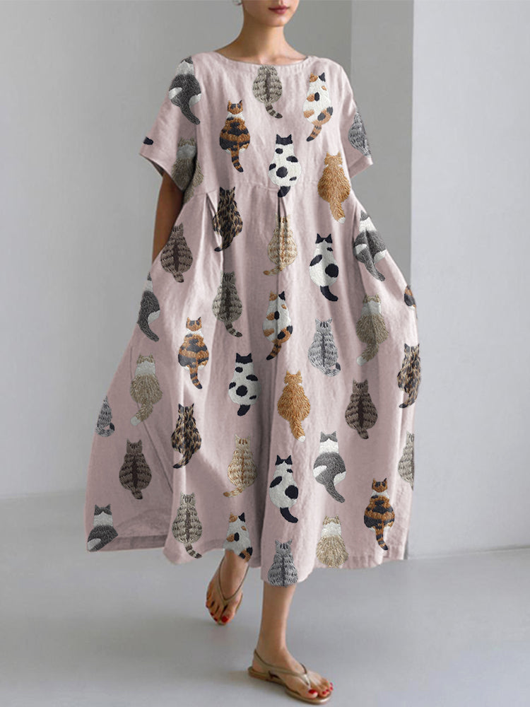 Cute Cats Embroidery Pattern Linen Blend Dress elevenforest
