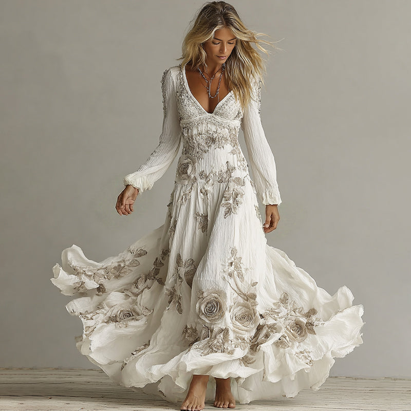 Women's Retro Rose Embroidered Art V-neck Long Sleeve Midi Dress elevenforest