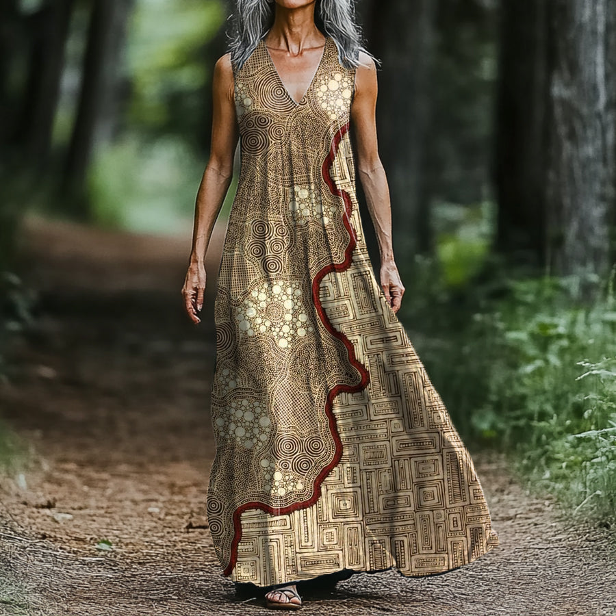 Women's Art Painting Ethnic Textile Art Print V-Neck Vest Dress