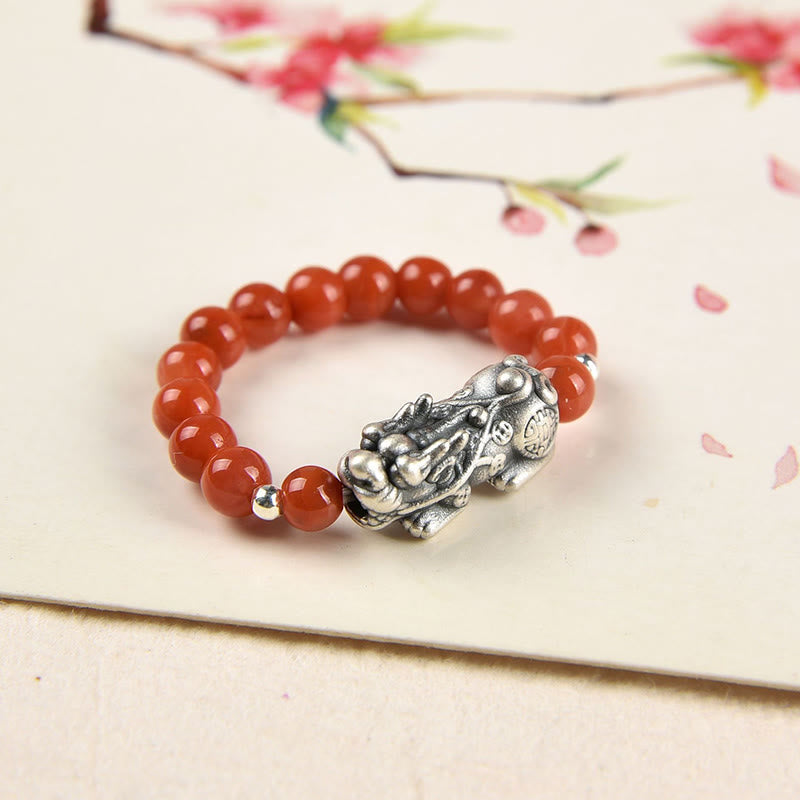 Buddha Stones 925 Sterling Silver Natural Garnet Moonstone Red Agate Pixiu Wealth Ring