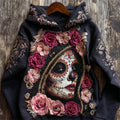 Comstylish Day Of The Dead Glitter Sugar Skull Woman Floral Fiber Art Hoodie