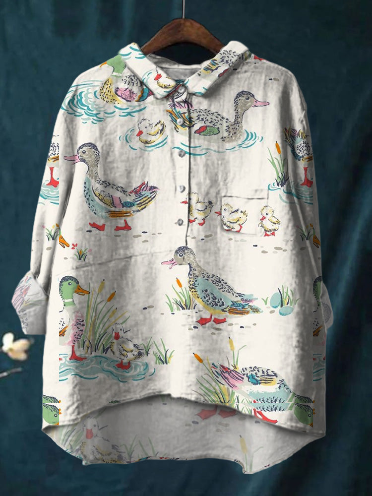 Elegant Ink Painting Duck Animal Printed Cotton And Linen Shirt