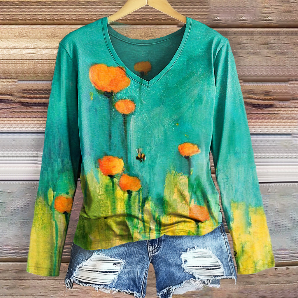 Women's Vintage Floral Art Print Casual V-neck Long Sleeve T-shirt