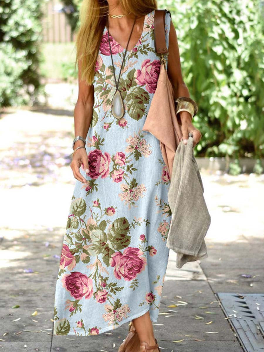 Women's Resort Style Floral Pattern Vest Style Loose Cotton and Linen Dress