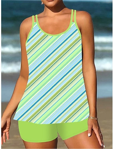 Tankini 2 Piece Swimsuit Shorts Tummy Control High Waist Slim Backless Vacation Beach Wear Paisley Stripe U Neck Sleeveless Bathing Suits