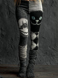 Halloween Cat Face Diamond Pattern Bandages Patchwork Cozy Knit Leggings elevenforest