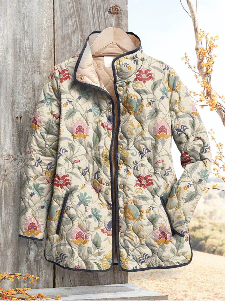 Women's Vintage Lovely Floral Art Print Casual Quilted Cardigan