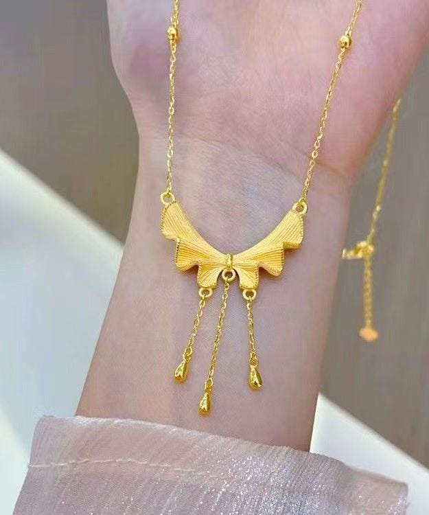 Gold Sterling Silver Overgild Bow Tassel Pendant Necklace