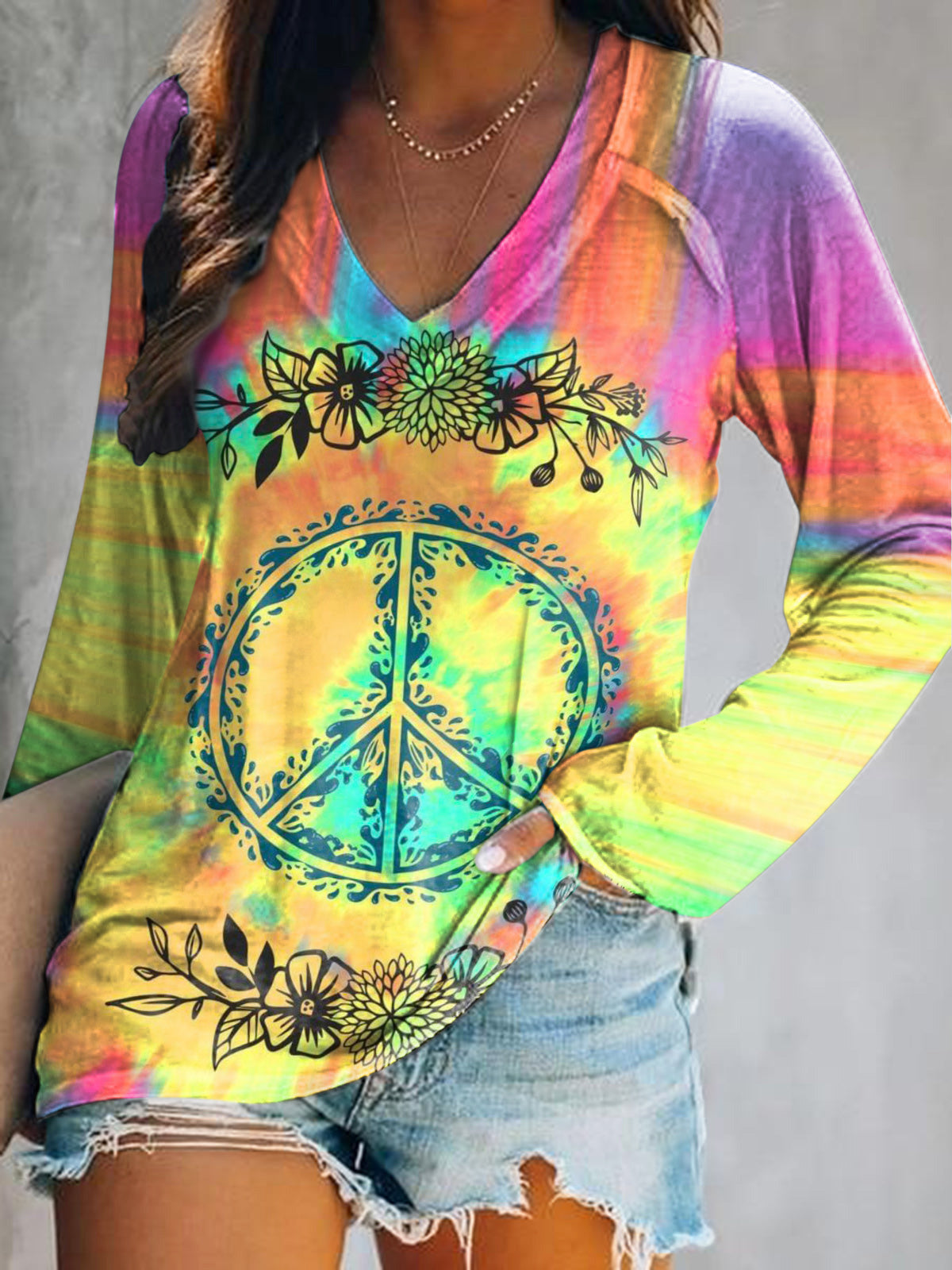 Women's Art Painting Hippie Print V-Neck Long Sleeve