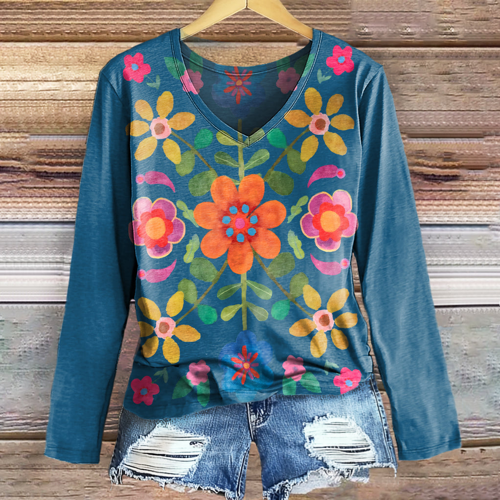 Women's Bohemian Floral Art Print Casual V-neck Long Sleeve T-shirt