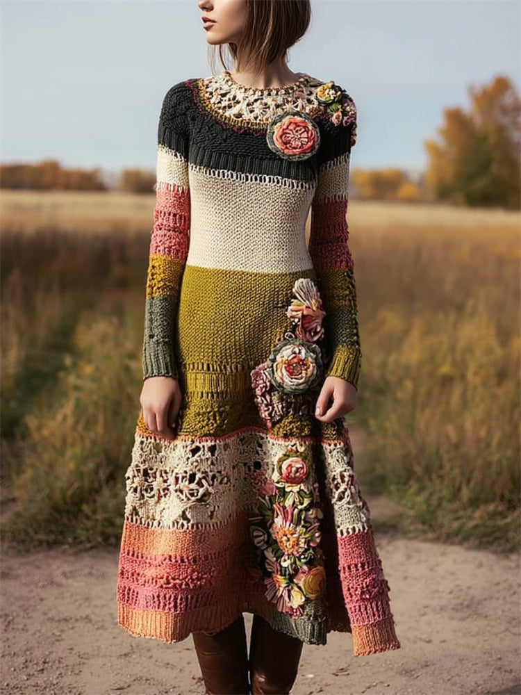 Boho Floral Crochet Colorblock Maxi Sweater Dress