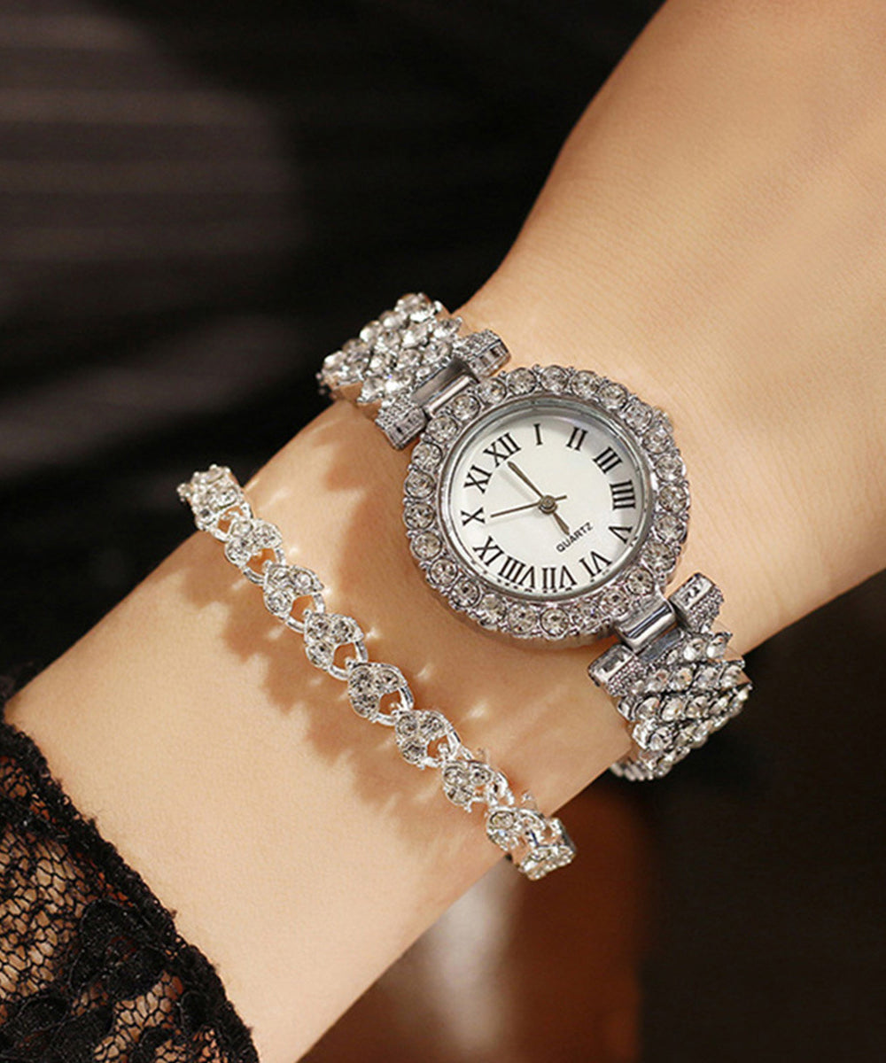 Style Rose Gold Stainless Steel Zircon Starry Sky Watch and Bracelet Two Piece Set