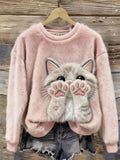 Lovely Fuzzy Cat With Pink Paws Cozy Plush Sweatshirt elevenforest