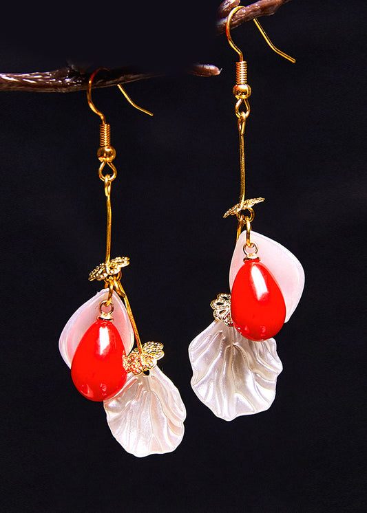 Fine Red Droplet Shape Coral and Shell Drop Earrings