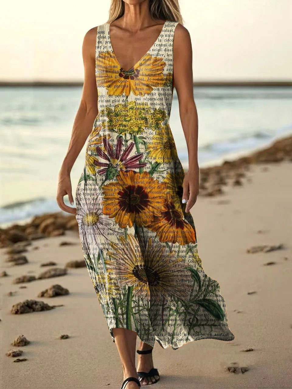 Women's Vintage Floral Art Print Pocket Cotton Dress