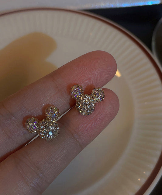 Gold Sterling Silver Zircon Mickey Mouse Stud Earrings