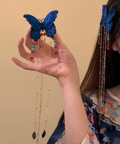 Blue Sterling Silver Overgild Butterfly Tassel Hairpin