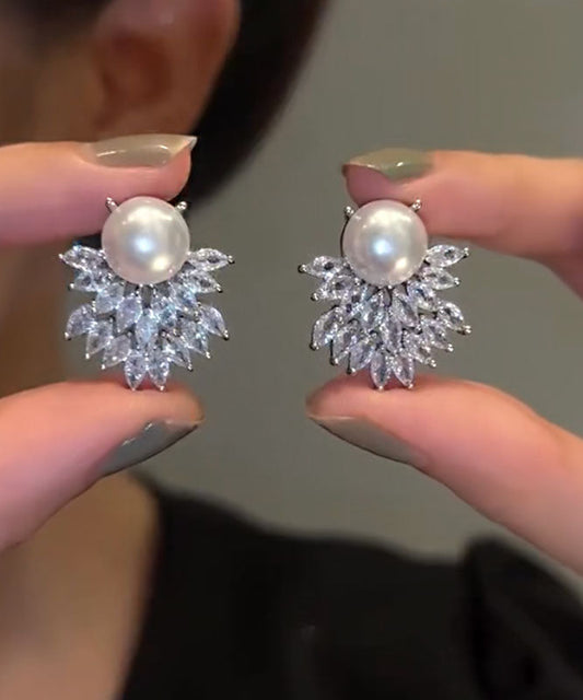 Diy White Sterling Silver Alloy Zircon Pearl Stud Earrings