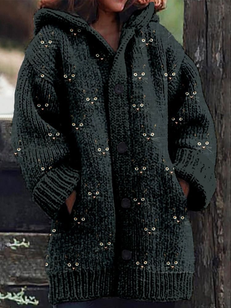 Cute Cat Face Pattern Cozy Hooded Knit Cardigan elevenforest