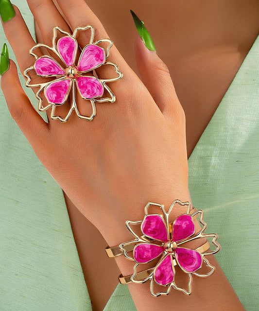 Original Design Pink Alloy Drip Glaze Cuff and Rings Two-piece Set