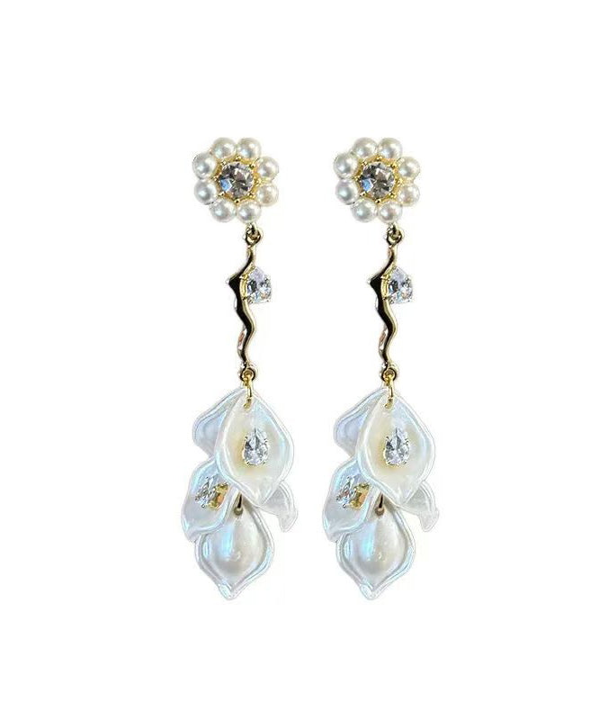 Gold Alloy Zircon Pearl Tassel Drop Earrings