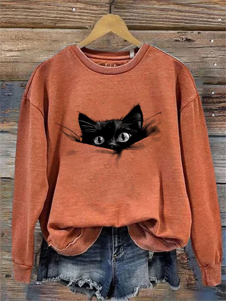 Women's Casual Funny Black Cat Print Sweatshirt elevenforest