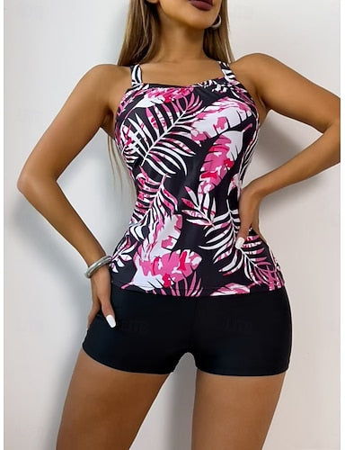 Tankini 2 Piece Swimsuit Palm Shorts Tummy Control High Waist Slim Backless Vacation Beach Wear Scoop Neck Sleeveless Bathing Suits