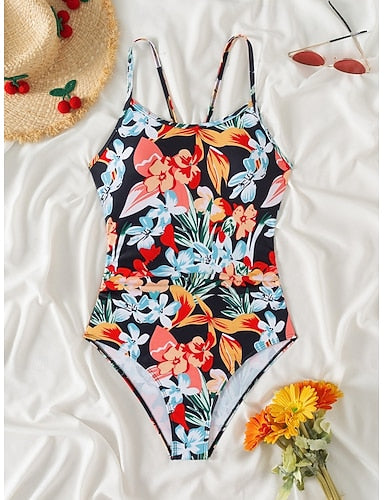 One Piece Swimsuit Slimming Palm Monokini Tummy Control High Waist Slim Backless Vacation Beach Wear Round Neck Sleeveless Bathing Suits