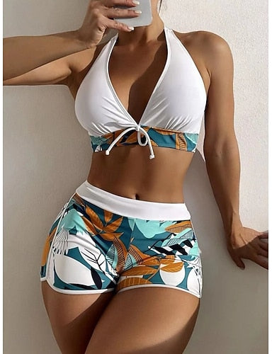 Bikini 2 Piece Swimsuit Shorts Slim Backless Vacation Beach Wear Halter Neck Sleeveless Bathing Suits