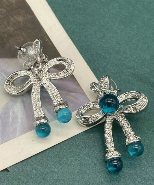 Retro Blue Sterling Silver Crystalcoloured Glaze Bow Stud Earrings