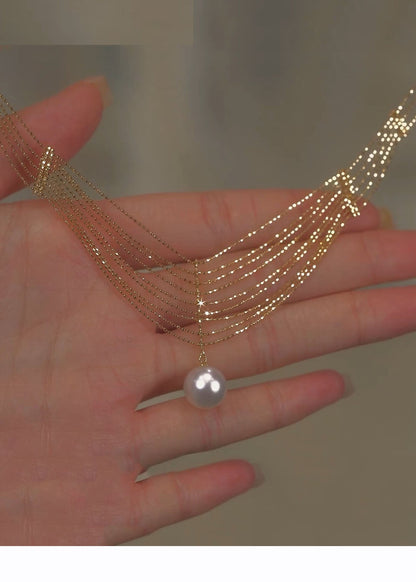 Gold Pearl Lace Tassel Pendant Necklace