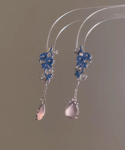 Blue Sterling Silver Pearl Cloisonne Enamel Water Drop Tassel Drop Earrings