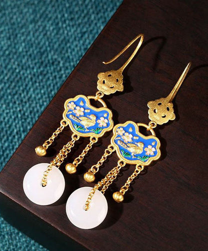 White Ancient Gold Jade Ping Buckle Birds Drop Earrings