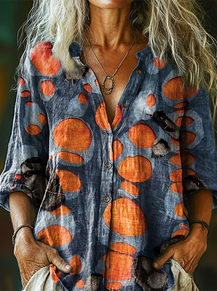 Women's Vintage Ethnic Patchwork Art Print Casual Cotton Linen Shirt