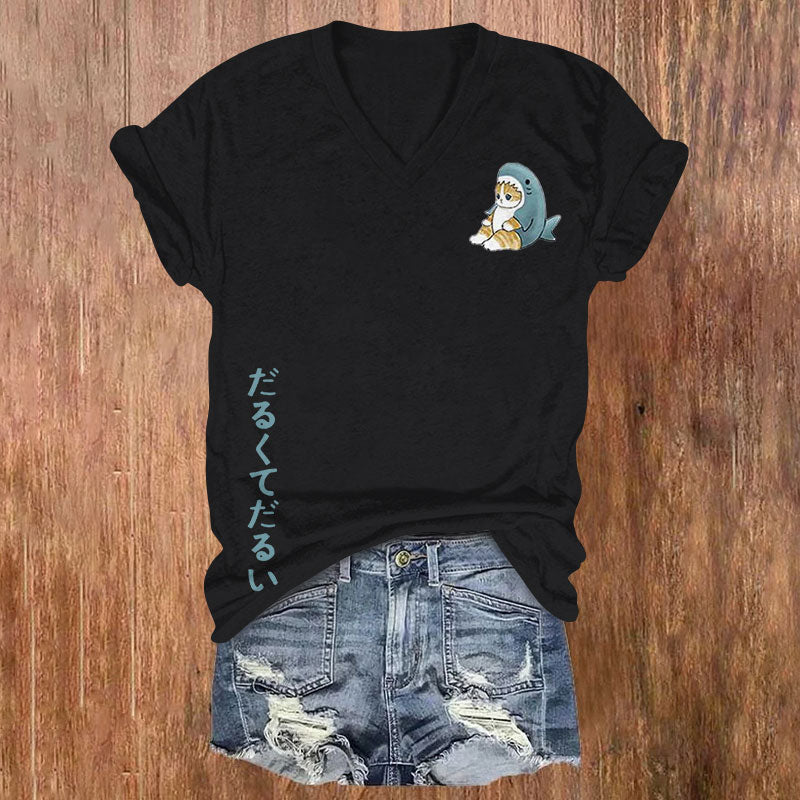 Japanese Cute Cat Print V-Neck Short Sleeves T-Shirt elevenforest