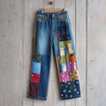 Vintage Fun Patchwork Cat Print Contrast Jeans elevenforest