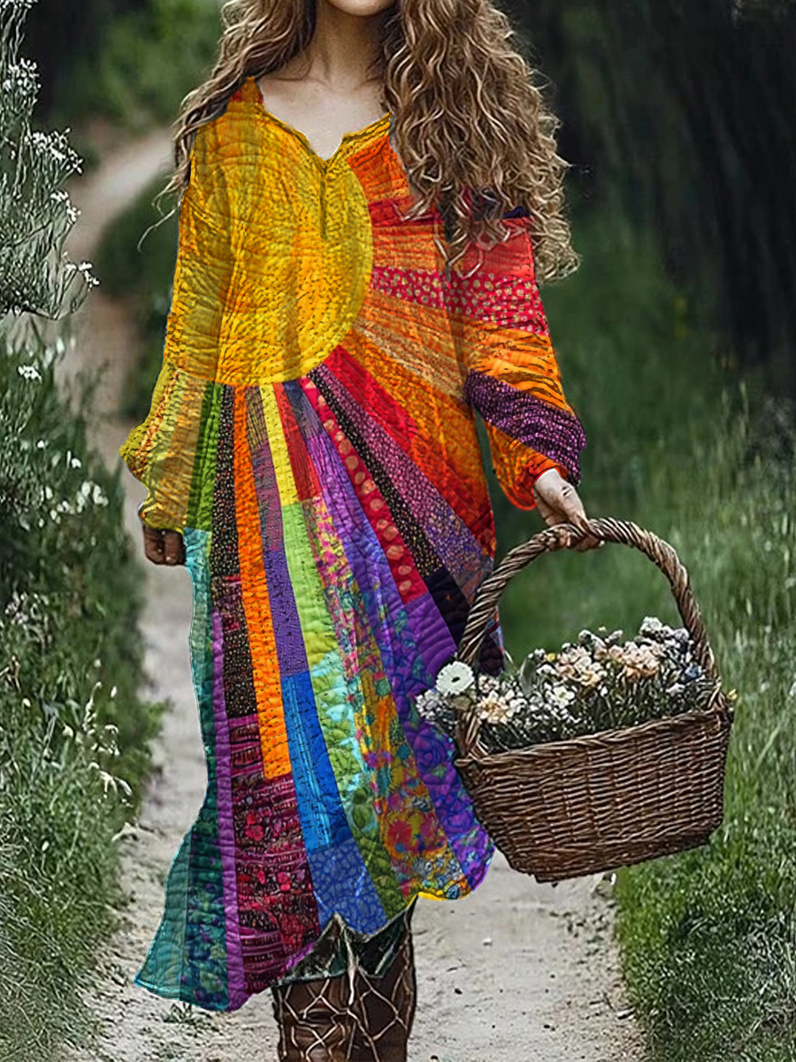 Vintage Floral Art Print V-Neck Elegant Chic Loose Long Sleeve Midi Dr