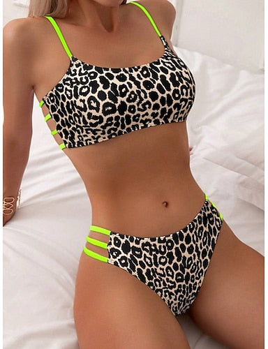Bikini 2 Piece Swimsuit Leopard Cheeky Backless Slim Vacation Beach Wear Scoop Neck Sleeveless Bathing Suits