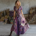 Vintage Purple Patchwork And Floral Embroidered Art Linen Maxi Dress artswardrobe