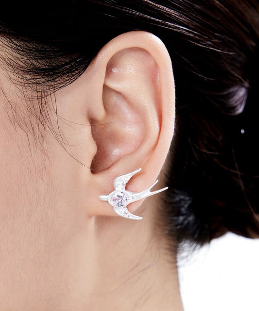 Unique Silver Asymmetric Zircon Little Bird Silver Stud Earrings