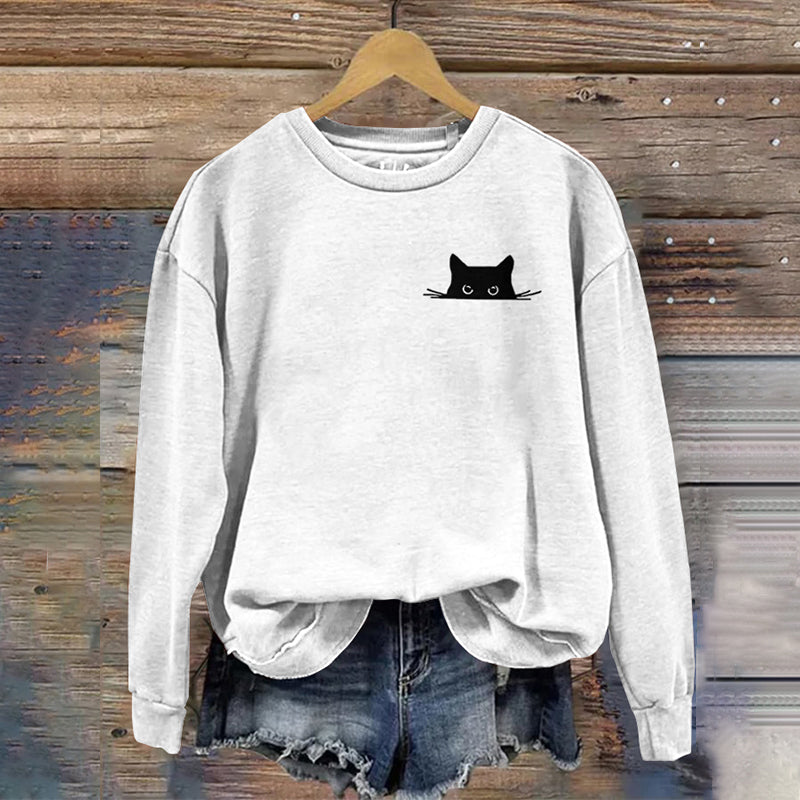 Women's Embroidered Black Cat Print Sweatshirt elevenforest